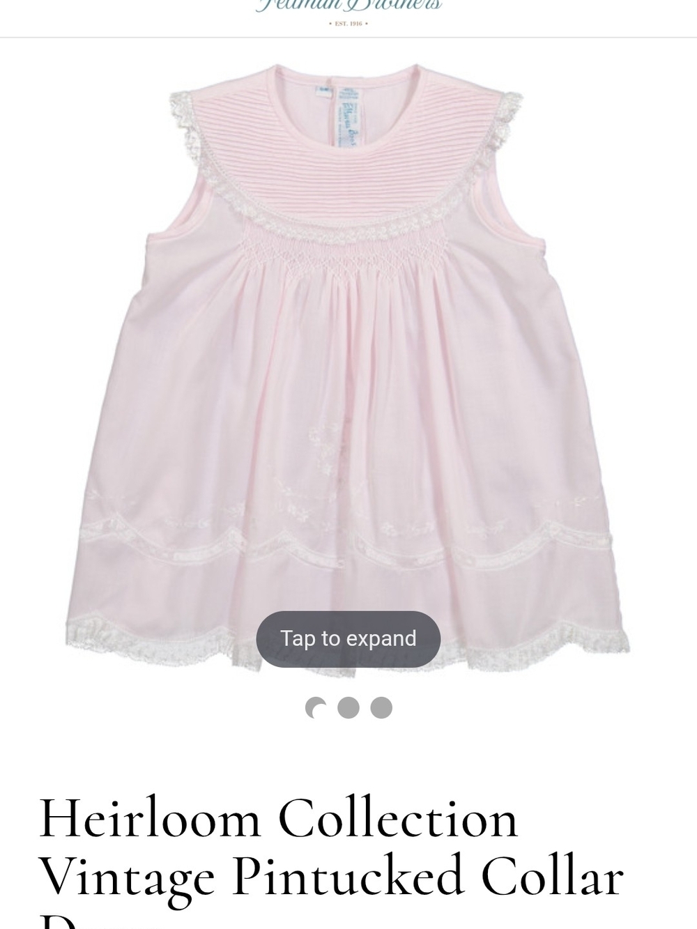 Feltman Brothers Heirloom Collection Pink Pintucked Collar Baby Dress. Size 6m